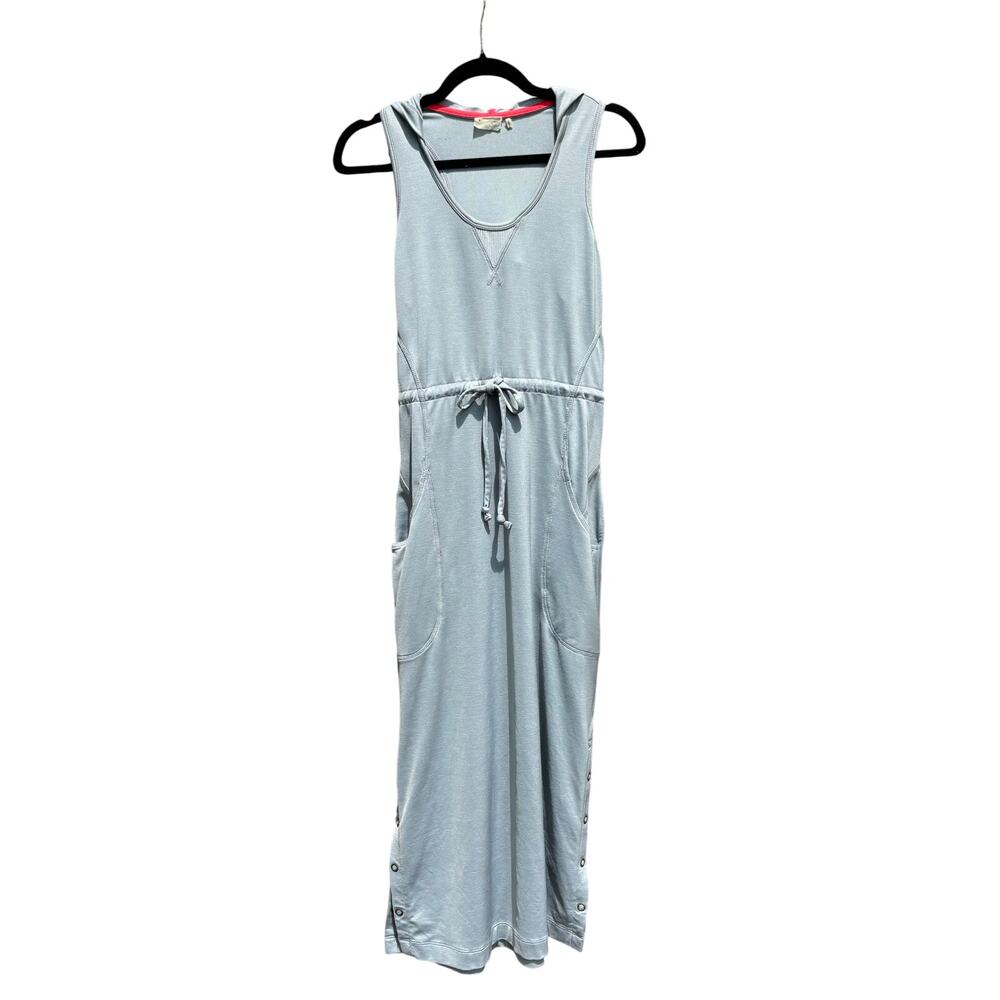 Athleta Midi Sleeveless Hooded Dress Small Blue Gray Drawstring Snap Side